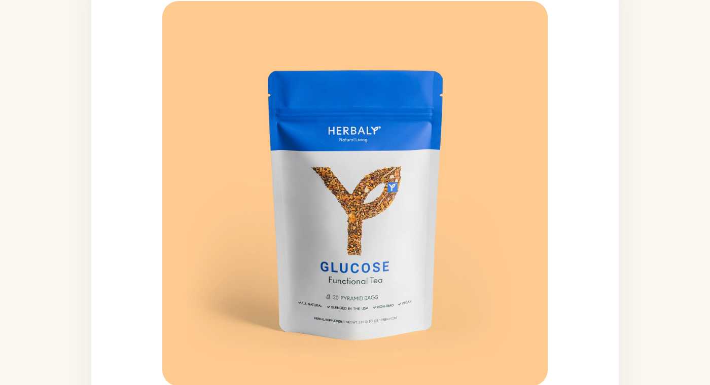 Herbaly Glucose Functional Tea package in blue and white.