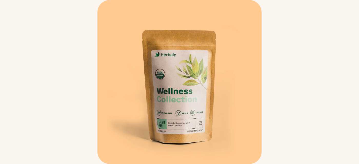 Herbaly Wellness Collection tea pouch with USDA Organic certification displayed.