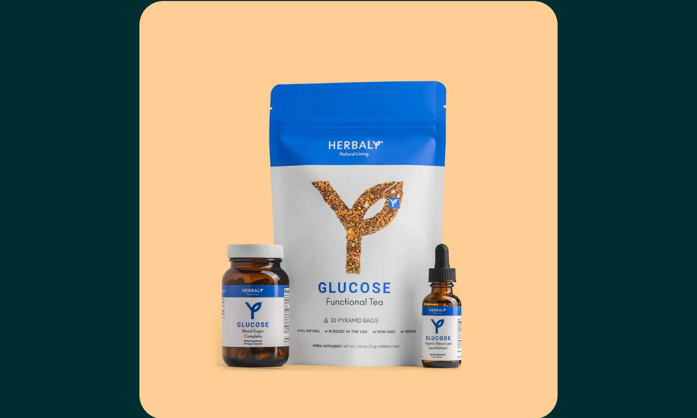 Herbaly Glucose Functional Tea, Capsules, and Liquid Extract.