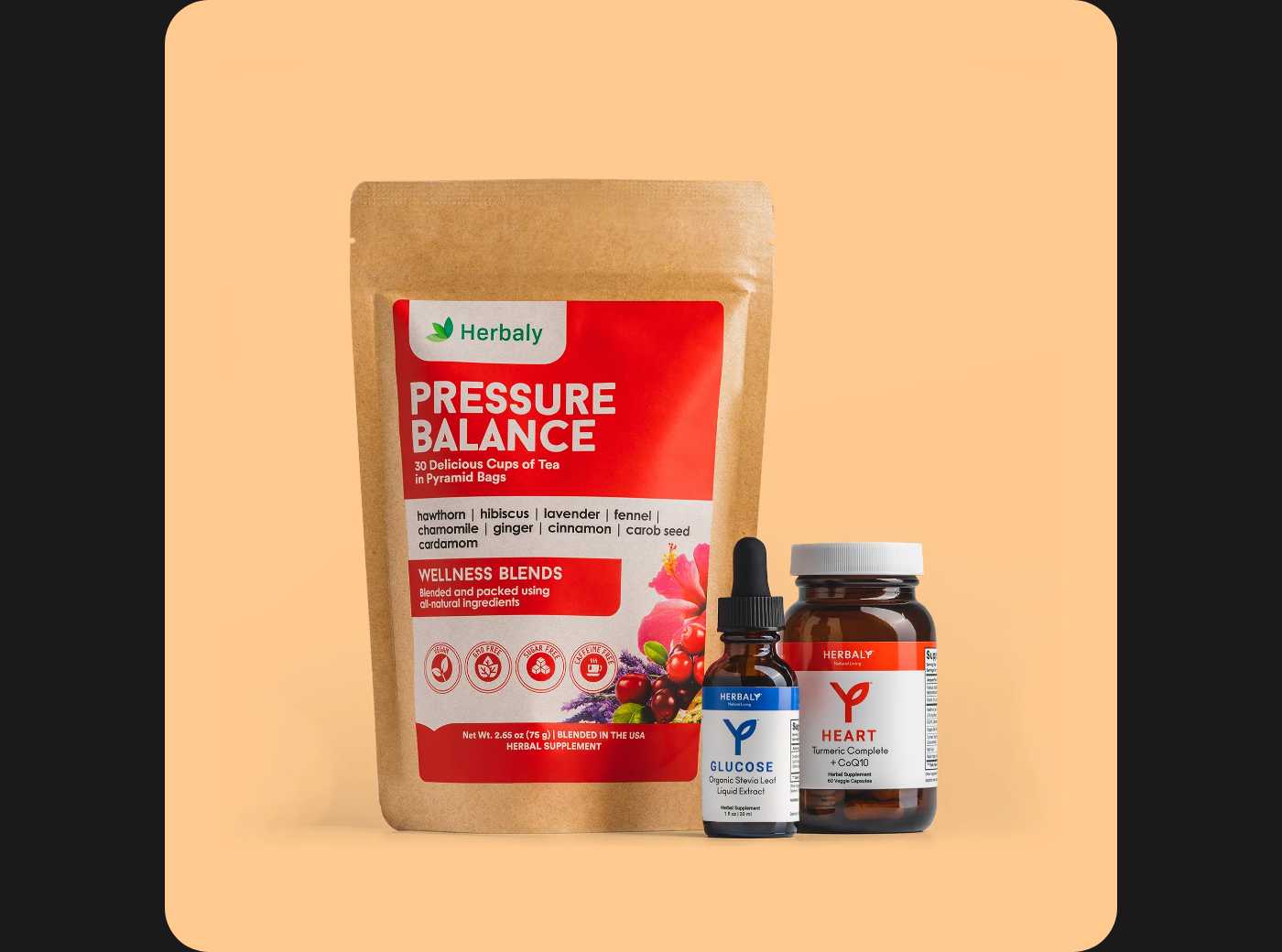 Herbaly Pressure Balance tea, Glucose liquid extract, and Heart capsules, presented as a Father's Day gift.