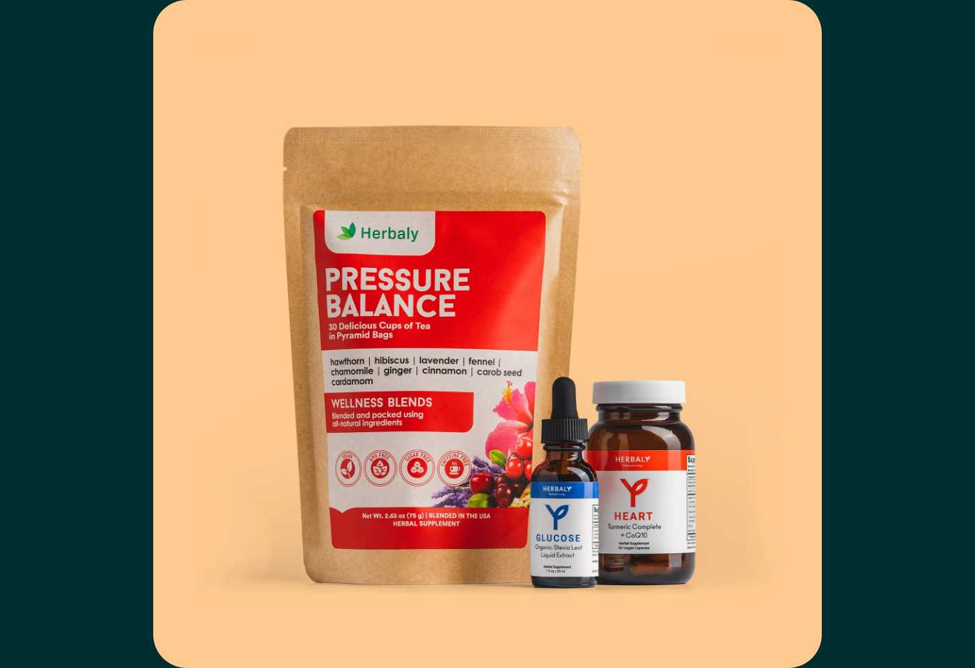 Herbaly Pressure Balance tea, Glucose liquid extract, and Heart capsules, presented as a gift.