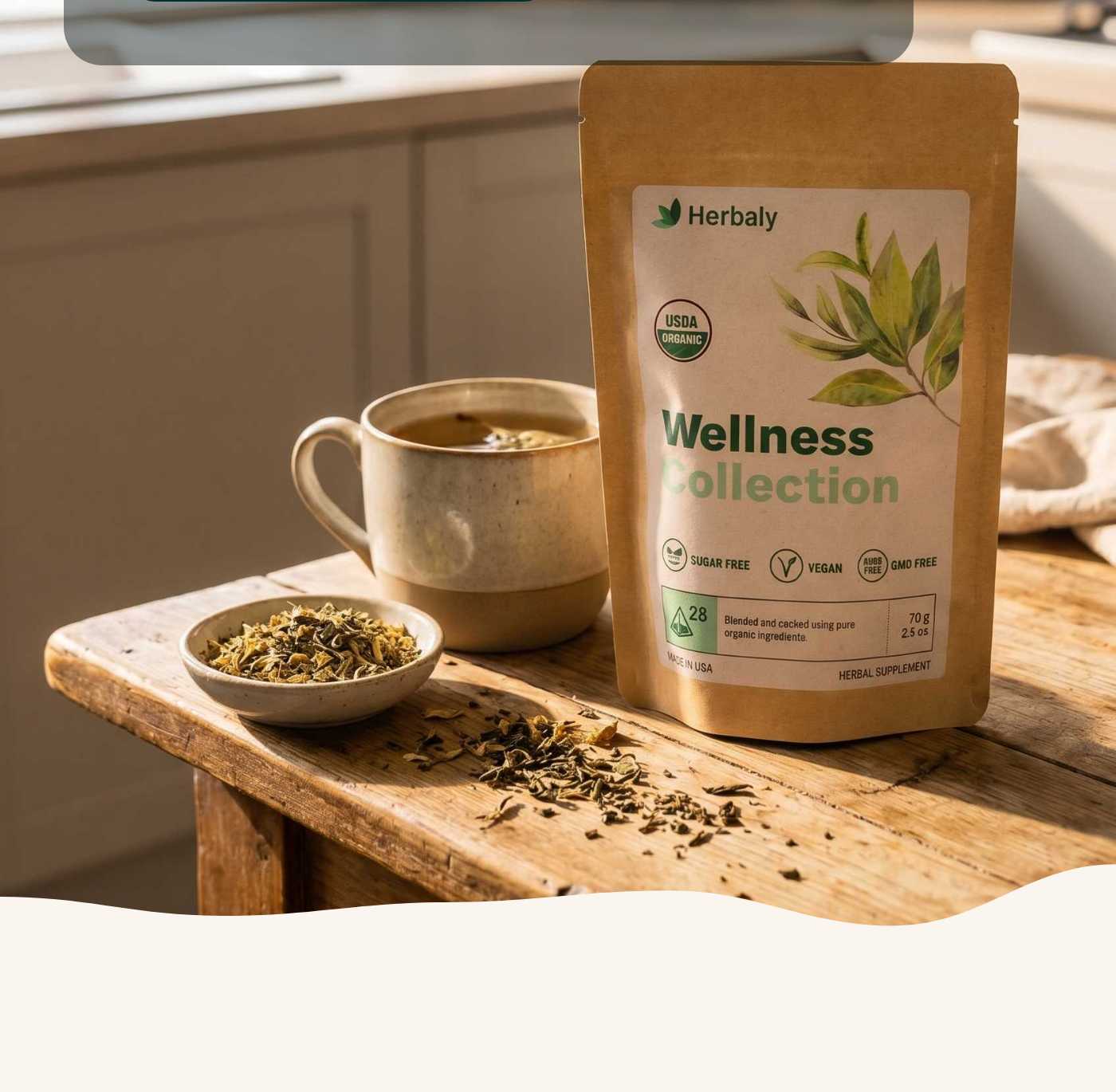 Herbaly Wellness Collection tea pouch and a cup of tea, emphasizing USDA Organic, Vegan, Sugar Free, GMO Free.